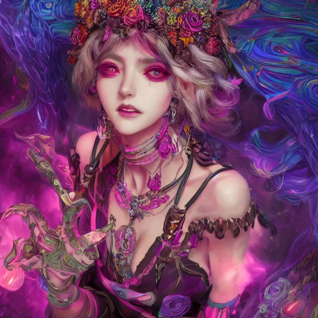 Prompt: the portrait of chaotic evil fallen sensual colorful female necromancer overlord as absurdly beautiful, gorgeous, elegant, young idol, an ultrafine hyperdetailed illustration by kim jung gi, detailed faces, intricate linework, bright colors, octopath traveler, unreal engine 5 highly rendered, global illumination, radiant light, intricate environment, 8 k