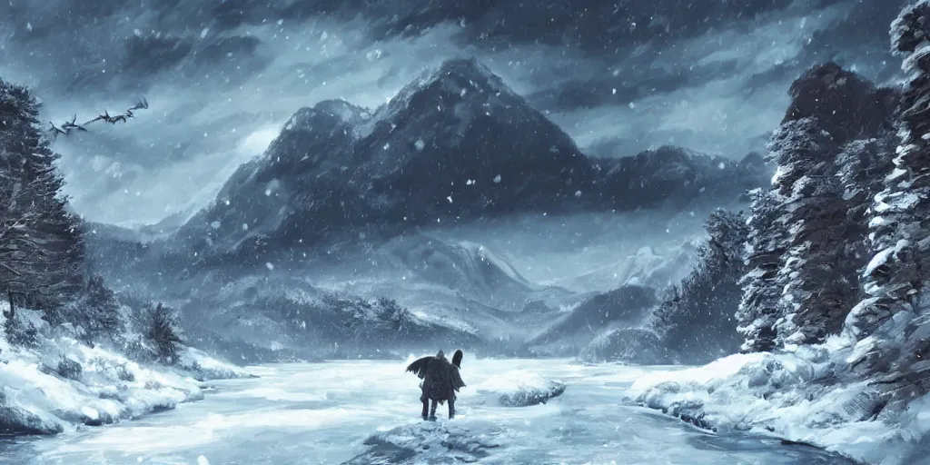 Image similar to A majestic landscape featuring a river, mountains and a forest. A small group of birds is flying in the sky. Harsh winter. very windy. There is a man walking in a deep snow. Cinematic, very beautiful, painting in the style of Lord of the rings