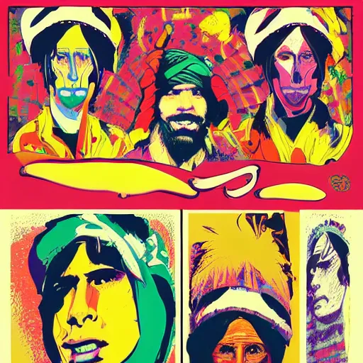 Image similar to taliban punk and rock and roll. pop art style images. symmetrical anatomy. ornate. without duplication of images. digital painting. confident posse. concept art. beautiful detailed. artstation.. sharp focus. ilustration art by mel ramos and peter blake and ed ruscha and peter max and takashi murakami