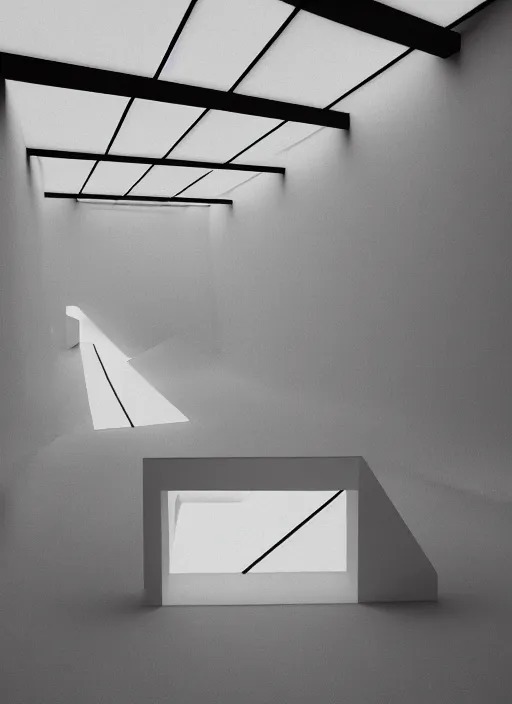 Prompt: MC Escher light installation, cubist, indoor, gallery François Morellet, Dan Flavin, Untitled (in honor of Harold Joachim) 3, 1977, James Turrell, Doug Wheeler, light and space, 4K, marble floors, rough textures, procedural textures, photography, volumetric lighting, ray tracing