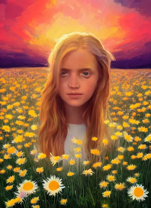 Image similar to girl face made of giant daisies, standing in a flower field, holding flowers, surreal photography, sunset dramatic light, impressionist painting, colorful clouds, large sky, digital painting, artstation, simon stalenhag