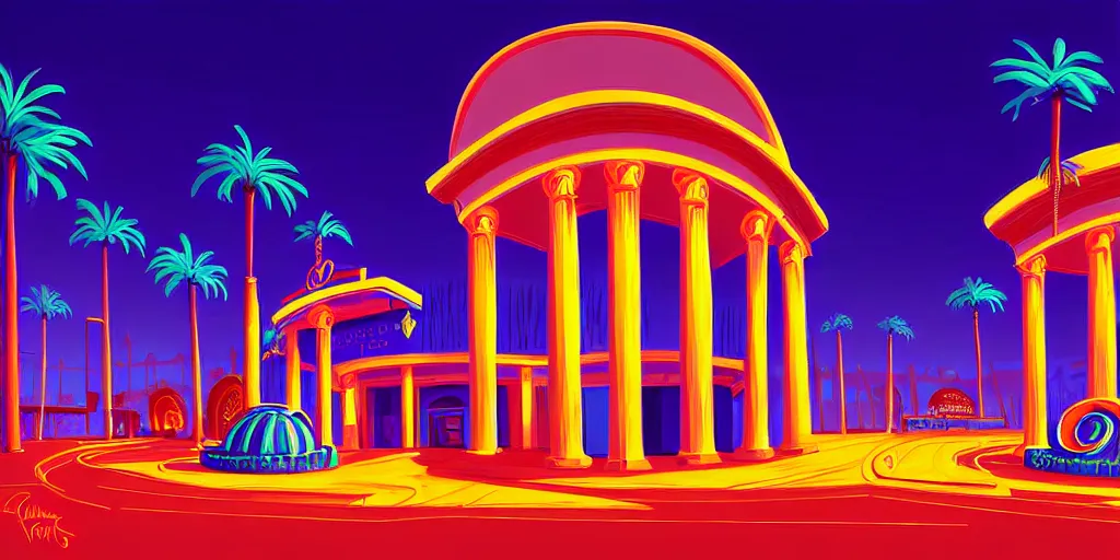 Prompt: curled perspective digital art of casino entrance with marble columns and palmtrees by anton fadeev from nightmare before christmas