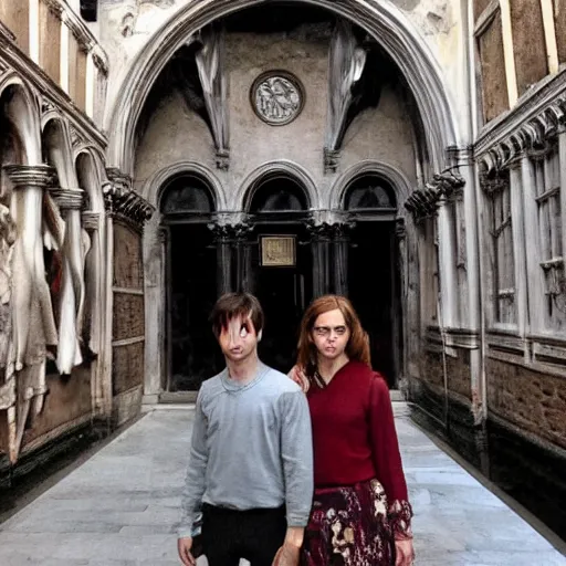 Image similar to Harry Potter and Hermione in Venice, art gallery, art museum, symmetrical face, beautiful eyes,