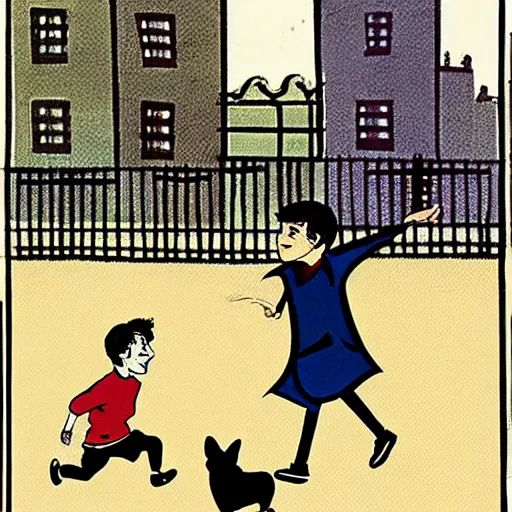 Image similar to book illustration of a french boy on the streets of paris playing football against a corgi, the dog is wearing a polka dot scarf, 1 9 6 6