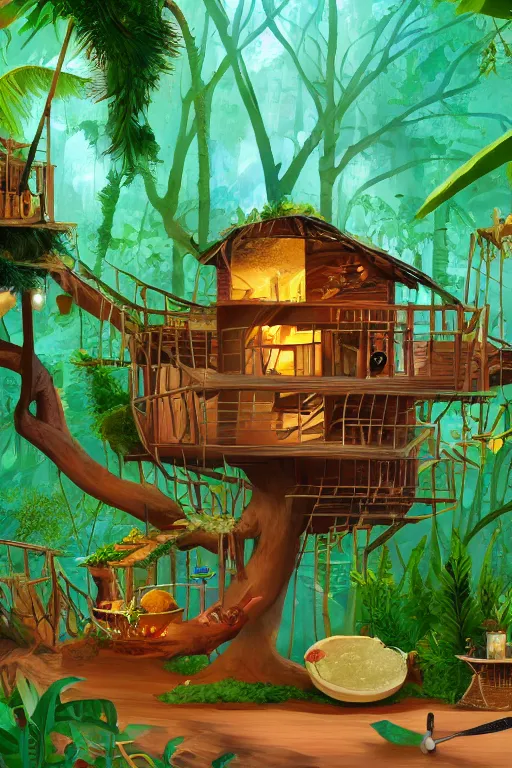 Image similar to a tree house in the jungle, a lady is making food, by alba ballesta gonzalez. 4 k wallpaper, digital 2 d, illustration.