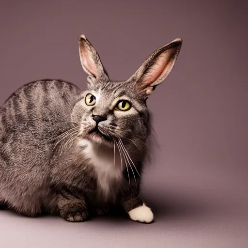 Image similar to cat - rabbit hybrid, a cross between a cat and a rabbit, cute, photograph 3 5 mm, f 2. 0, amazing lighting