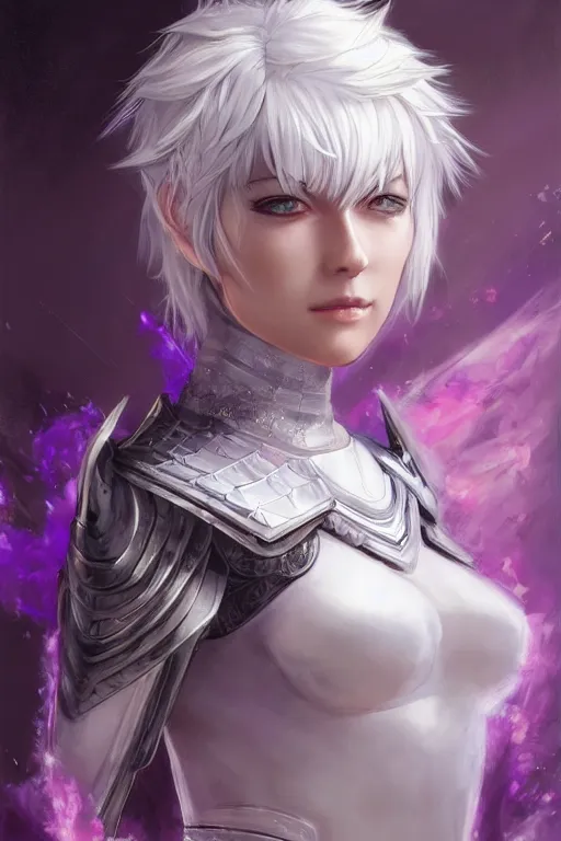 Prompt: A realistic anime portrait of a short white haired female rogue wearing an intricate medium armor, middle eastern, purple eyes, digital painting, by Stanley Artgerm Lau, Sakimichan, WLOP and Rossdraws, digtial painting, trending on ArtStation, SFW version