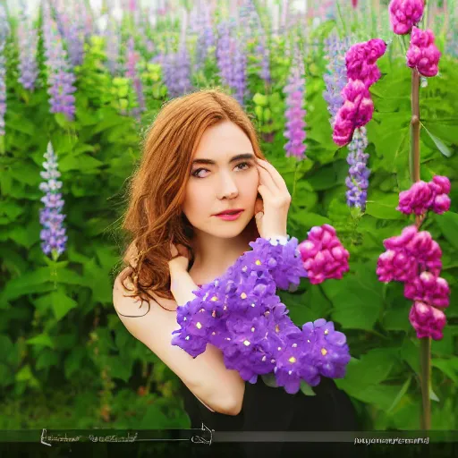 Image similar to a portrait of a romantic woman with flowers grow out of hair, roses peonies forget-me-nots dahlias lupins gladioli, sky theme in background, 35mm Photograph, 4K Resolution, Astrophotography, Digital Art, Trending on artstation