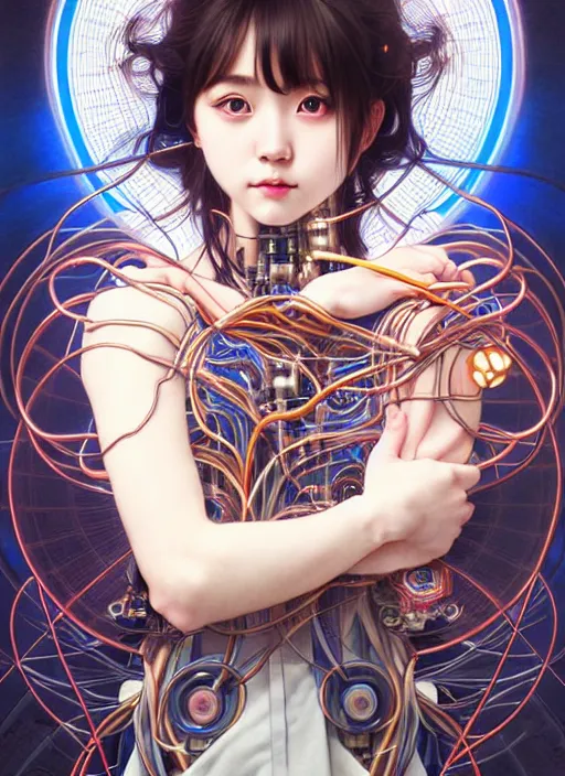 Image similar to hashimoto kanna as a absurdly beautiful cyborg, graceful, sophisticated, complex wiring and circuits, tarot card, highly detailed, digital painting, sharp focus, ultra realistic, 8 k, art by artgerm, alphonse mucha,