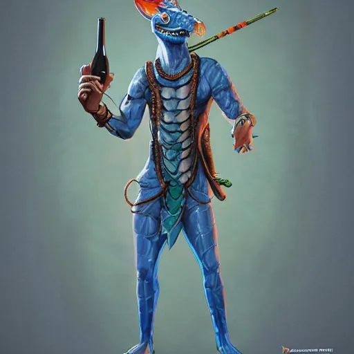 Prompt: dungeons & dragons character render, blue gray gatorfolk holding a tikka drink, wearing hawaiian shirt, artwork by ross tran and ilya kuvshinov