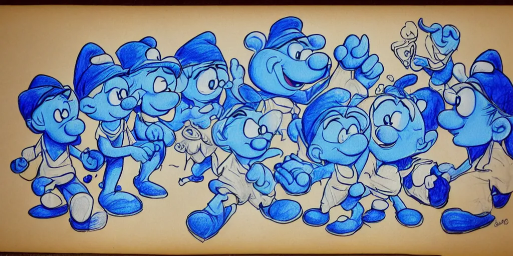 Prompt: a detailed drawing in lapis of smurfs and brain