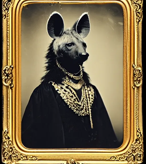 Image similar to professional studio photo portrait of anthro anthropomorphic spotted hyena head animal person fursona smug smiling wearing elaborate pompous royal king robes clothes gold frame by Louis Daguerre daguerreotype tintype