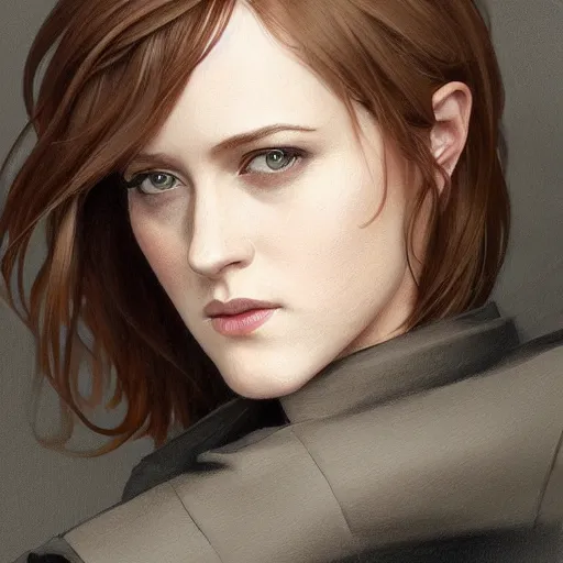 Image similar to full figure ultra realistic illustration, evan rachel wood with brown hair and bangs, wearing a brown trench coat, intricate, elegant, highly detailed, digital painting, artstation, concept art, smooth, sharp focus, illustration, art by artgerm and greg rutkowski and alphonse mucha