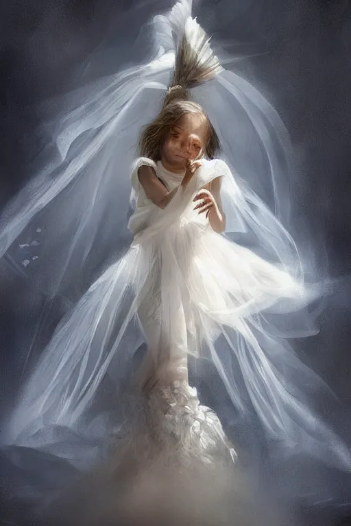 Prompt: very beautiful little girl dancing in the wind, ultradetailed, beautiful face, ethereal, bride, beautiful wedding dress, gorgeous, volumetric lighting, elegant, digital painting, concept art, illustration, limited color palette, atmosphere and tension, art by greg olsen and liz lemon swindle