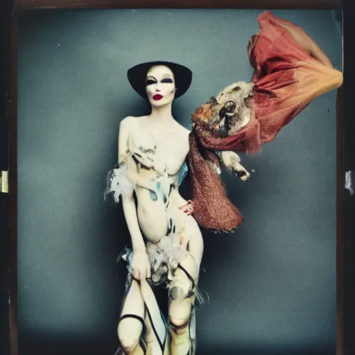 Image similar to damaged kodak portra 4 0 0, wetplate, photo of a surreal artsy dream scene,, very beautiful model, weird fashion, grotesque, extravagant dress, strange pose, carneval, with an animal, wtf, photographed by paolo roversi style