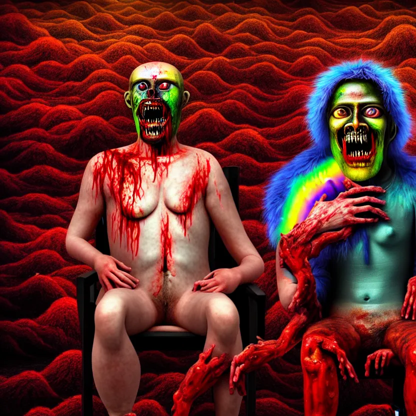 Prompt: a close - up portrait of a beautiful flesh - eating timikawa with rainbow fur eating a screaming man, sitting on chair made of human limbs, the chair is floating in a lake of blood, surrounding the lake are melting trees, digital art, hyperrealistic nightmare scene, supernatural, highly detailed, creepy, terrifying