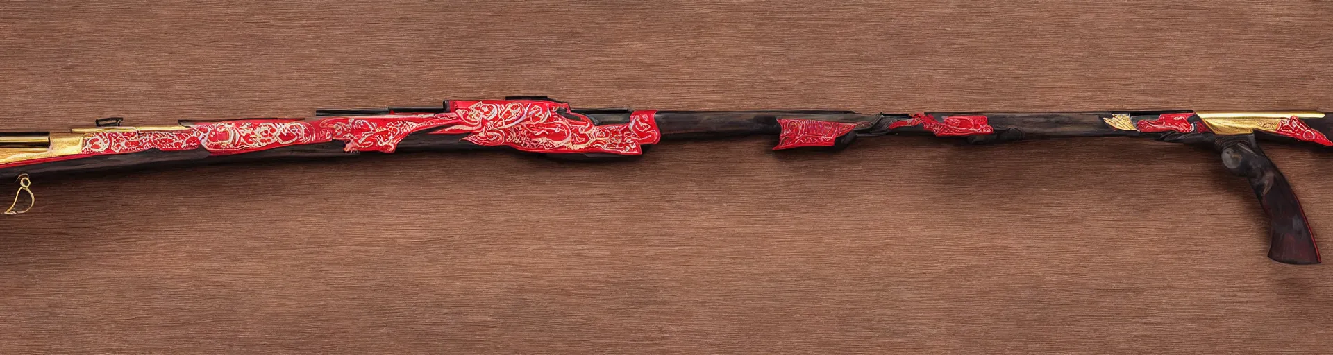 Image similar to a shotgun made from glossy red - painted wood and elements of gold metalwork