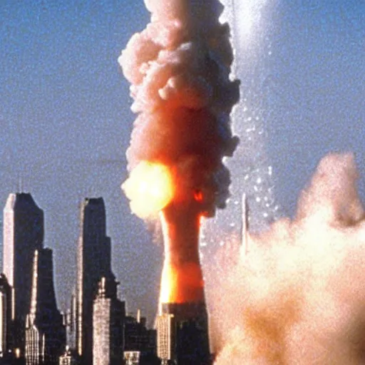 Prompt: nuclear missile destroy the world trace center towers, in american psycho ( 1 9 9 9 )