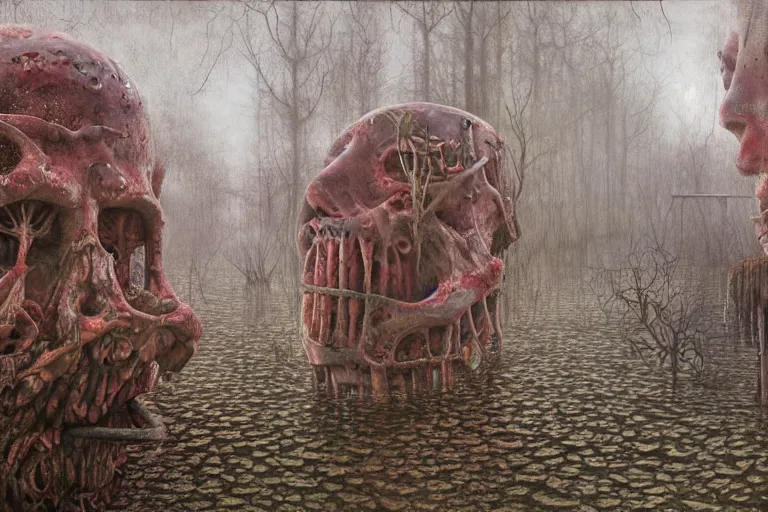 Image similar to a abandoned creepy and wet water park, hyperrealistic, horror, soft lighting, ruined, high quality, highly detailed, complementary colors, oil on canvas, by zdzisław beksinski, marco mazzoni, peter gric