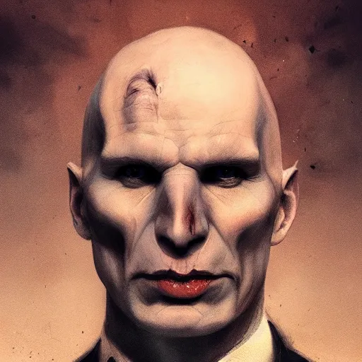 Image similar to portrait of voldemort, exudes terror, castle, mysterious breath, spitfire, photography, hyperrealistic, by greg rutkowski, smooth, illustration, elegant, artstation, digital painting.