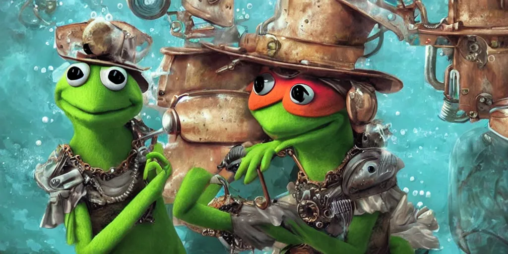 Image similar to digital art, trending on artstation, pin ups of kermit the frog in an underwater steam punk world