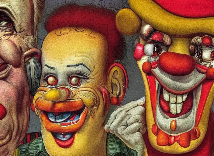 Image similar to Macro closeup photograph of Clown World, photograph by Grant Wood and Robert Crumb