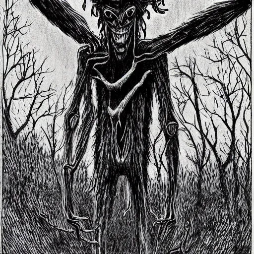 Image similar to a wendigo drawn by junji ito, horrifying, creepy,