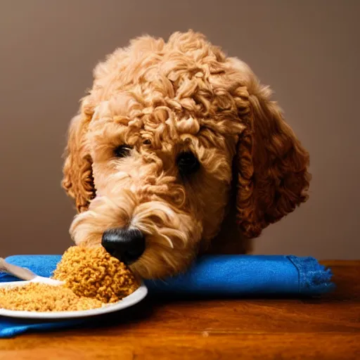 Image similar to a photograph of a goldendoodle eating dogfood, crisp
