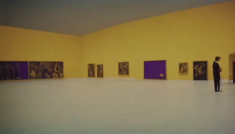 Image similar to 60s movie still of a sovietic stalinist style empty art museum with a soviet congress with yellow wall, LOMOCHROME PURPLE FILM 100-400 35MM, liminal Space style, heavy grain