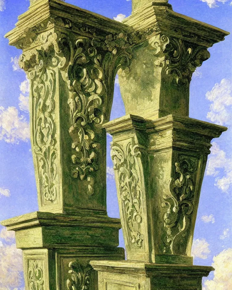 Image similar to achingly beautiful painting of intricate ancient roman corinthian capital on emerald background by rene magritte, monet, and turner. giovanni battista piranesi.