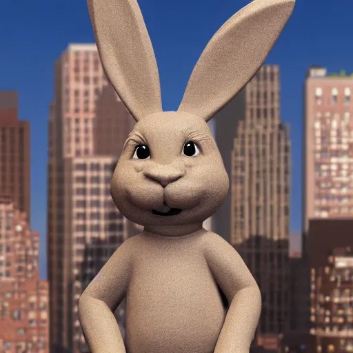 Image similar to a clay sculpture of a funny bunny, new york city background, hyper realistic, 3 d render