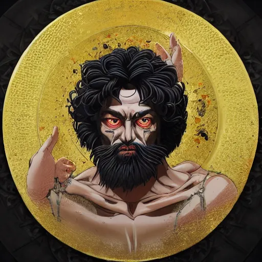 Image similar to 4K headshot portrait of godlike Pimp of Nazareth with defined arms and open hands and bloody clothes with giant mandala wings , intricate face , flawless anime cel animation by Kentaro Miura, psychedelic , highly detailed upper body , professionally post-processed , beautiful, scary, symmetry accurate features, epic, octane rendered, anime masterpiece, accurate by Craig Mullins, ilya kuvshinov, krenz cushart, epic , artgerm trending on artstation by Edward Hopper and Dan Mumford and WLOP and Rutkovsky, beksinski carl spitzweg moebius and tuomas kocar, intricate artwork by caravaggio, Unreal Engine 5, Lumen, Nanite