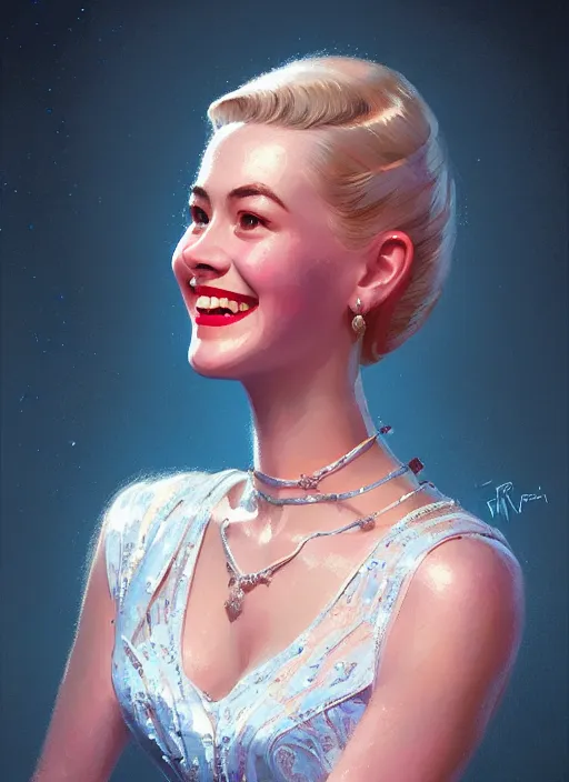 Image similar to portrait of betty cooper, smiling kindly, 1 9 5 0 s, intricate, elegant, glowing lights, highly detailed, digital painting, artstation, concept art, smooth, sharp focus, illustration, art by wlop, mars ravelo and greg rutkowski