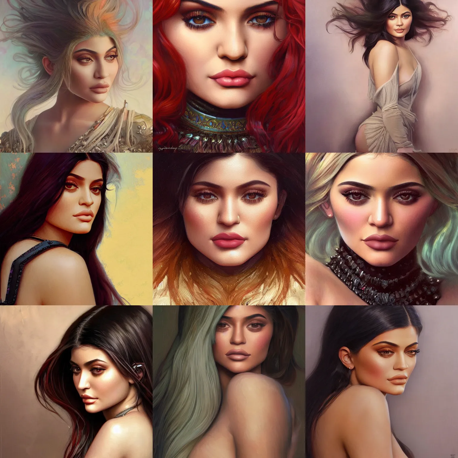 Prompt: portrait of Kylie Jenner, unreal, fantasy, intricate, elegant, dramatic, highly detailed, photorealistic, digital painting, painterly, artstation, concept art, smooth, sharp focus, art by John Collier and Krenz Cushart and Artem Demura and Alphonse Mucha and Albert Aublet