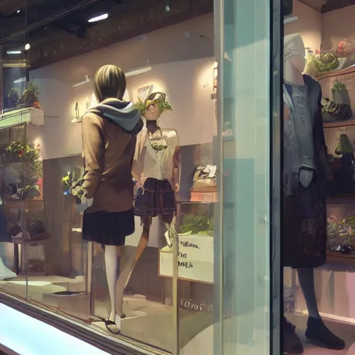 Image similar to makoto shinkai store window from fantasy world