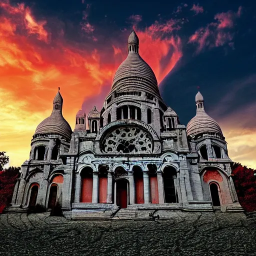 Prompt: abandoned Basilica of Sacré Coeur de Montmartre, toxic orange and pink clouds strain the sunlight, stark contrasting lighting, contrejour, a two-headed mutated deer-like creature looks on in the distance from the sparse twisted silhouetted foliage, a highly detailed colorful matte painting by Scott Listfield and Mikko Lagerstedt, featured on Artstation, Unreal Render, 8k HDR, birdseye view, fisheye lens