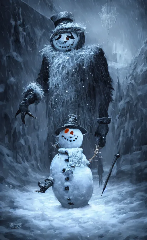 Image similar to a a full body portrait of monster jack frost the snowman, in the middle of a village in the snow, dynamic lighting, photorealistic dark fantasy concept art, trending on art station, stunning visuals, creative, cinematic, ultra detailed, scary art, monster