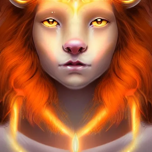 Image similar to Portrait of a girl angel with pale orange colored frizzy strands of illuminated hair, cat ears on her head, glowing halo, Lion's Mane, Cosmic, Lion's Gate, 8/8, fantasy, intricate, elegant, highly detailed, digital painting, artstation, concept art, smooth, sharp focus, illustration, art by Krenz Cushart and Artem Demura and alphonse mucha