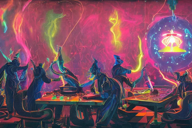 Prompt: a beautiful highly detailed masterpiece photograph of wizards performing cutting edge prompt engineering in a scientific laboratory by remedios varo and anato finnstark and greg rutkowski and andy warhol and francis picabia, dayglo pink, dayglo blue, prismatic, glowing, trending on artstation