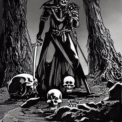 Prompt: A sword stuck in the ground, with a skull lying next to it. Close Up Shot, Dark Fantasy, Film Noir, Black and White. High Contrast, Mike Mignola, D&D, OSR