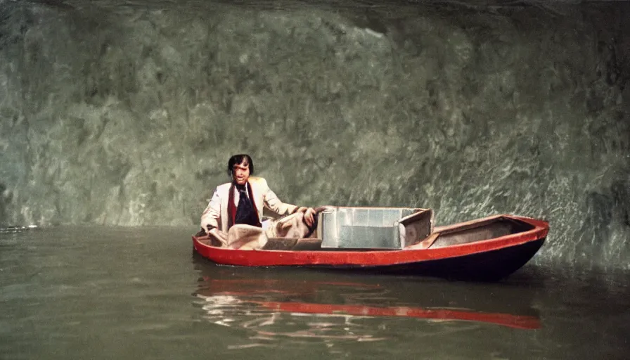 Image similar to 1 9 7 0 movie still of a man in a small boat in a tunnel flooded in blood, eastmancolor, heavy grain, high quality, high detail, refined face