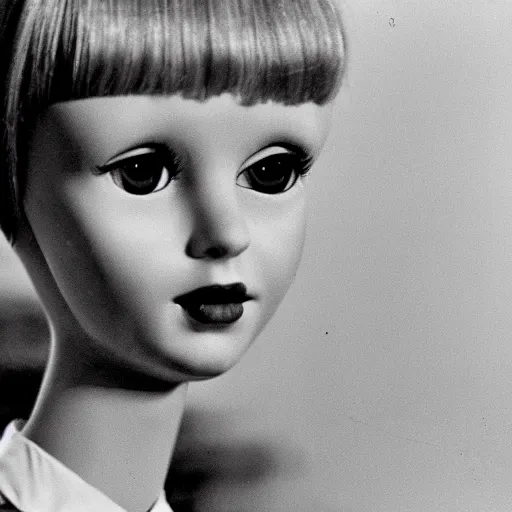 Prompt: 1 9 6 0 s mia farrow as an animatronic doll by margaret keane
