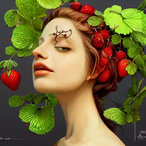 Image similar to the portrait of an absurdly beautiful, graceful, elegant, young woman made of strawberries and green petals looking up, an ultrafine hyperdetailed illustration by kim jung gi, irakli nadar, intricate linework, bright colors, octopath traveler, final fantasy, angular, unreal engine 5 highly rendered, global illumination, radiant light, detailed and intricate environment