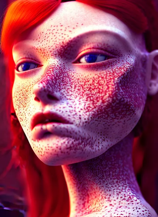 Image similar to an extremely detailed beautiful redhead scandinavian female humanoid with freckles, by loish, d & d, fantasy, cyber neon lighting, futurism, cyberpunk fashion clothing, elegant profile posing, perfect anatomy, hyper photorealistic, digital photography, artstation, pinterest, concept art, art by pascal blanche and greg rutkowski,