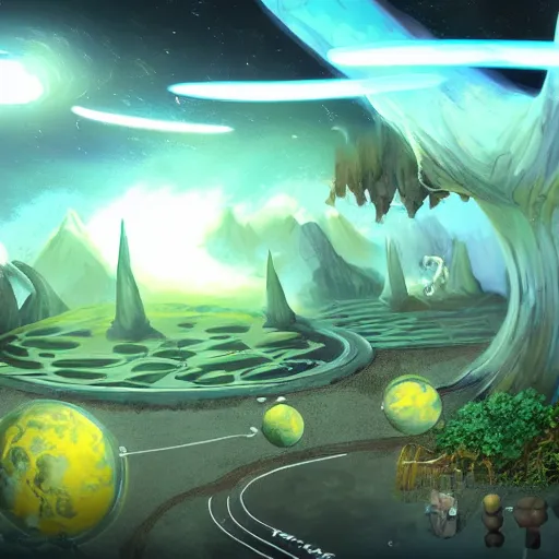 Image similar to a new RPG video game set in a solar system where each planet has a unique ecology with many varying species and cultures, mostly fungus inspired, communication between planets and species, mycology, Mycelium, the player has a spaceship and can explore and interact with these planets, 4k, concept art, visionary