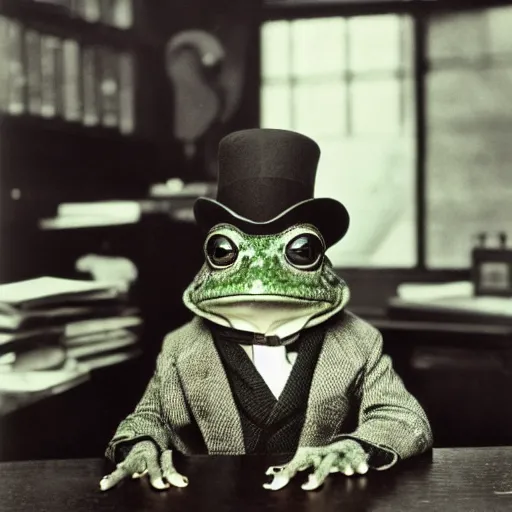 Image similar to cinematic, beautiful, ultra detailed, precise, award winning photo by saul leiter of an aristocrat animal frog wearing a perfect suit and a perfect hat sitting behind a perfect victorian desk, 1 9 4 0 s, vintage photography