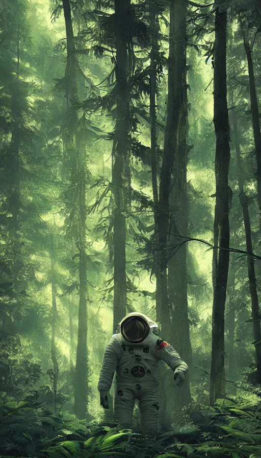 Image similar to american astronaut in the forest plants environment wide angle cinematic lighting atmospheric realistic octane render highly detailed, octane render, in the style of craig mullins