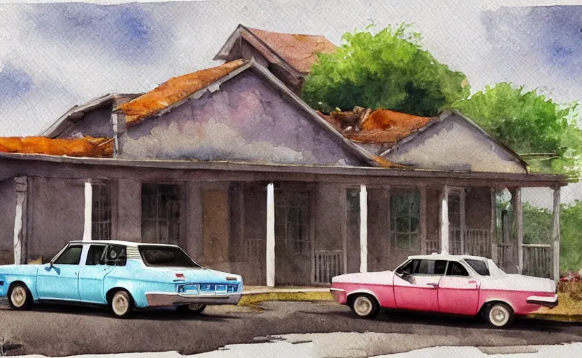 Image similar to a watercolor painting of a chevrolet opala parked near a 1 9 0 0 s house, digital painting, masterpiece, hyperrealistic, concept art, trending on deviantart, highly detailed, high quality, 4 k, symmetrical, low contrast, watercolor, warm, soft lighting, path traced, godrays, vintage, soft colors