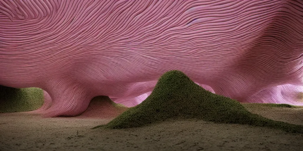 Image similar to biomorphic inflated structures by ernesto neto, light - mint with light - pink color, 4 k, insanely quality, highly detailed, film still from the movie directed by denis villeneuve with art direction by zdzisław beksinski, telephoto lens, shallow depth of field