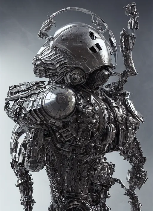 Prompt: portrait of a futuristic silver armored knight district 9 cyborg with inside it an xeonmorph alien, modern fine art, fractal, intricate, elegant, highly detailed, digital photography, subsurface scattering, by jheronimus bosch and greg rutkowski,